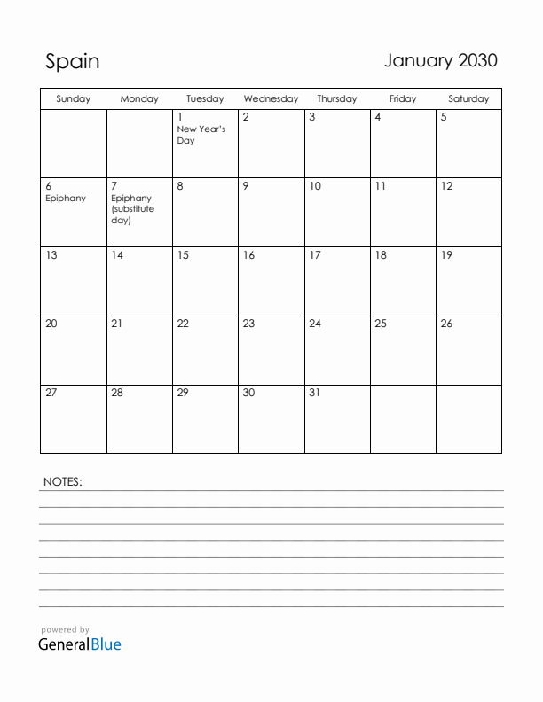 January 2030 Spain Calendar with Holidays (Sunday Start)