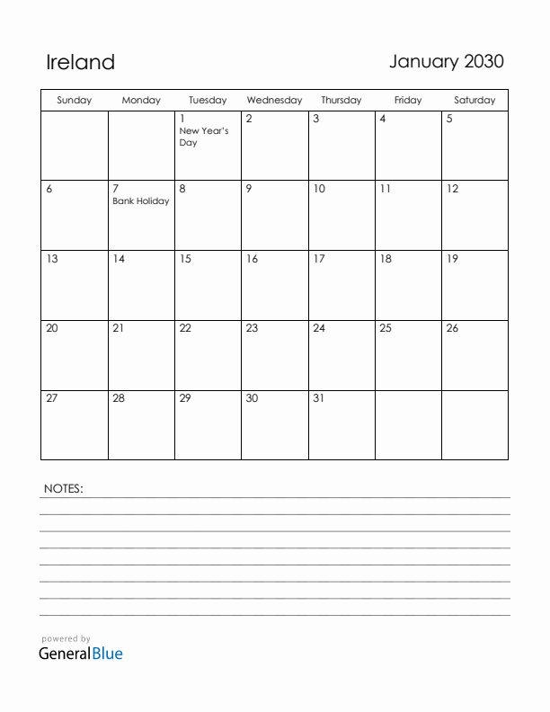 January 2030 Ireland Calendar with Holidays (Sunday Start)
