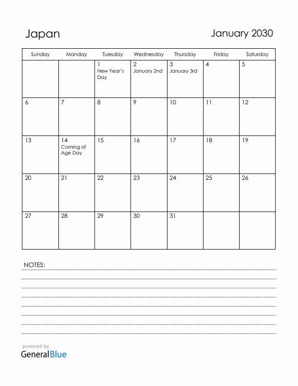January 2030 Japan Calendar with Holidays (Sunday Start)