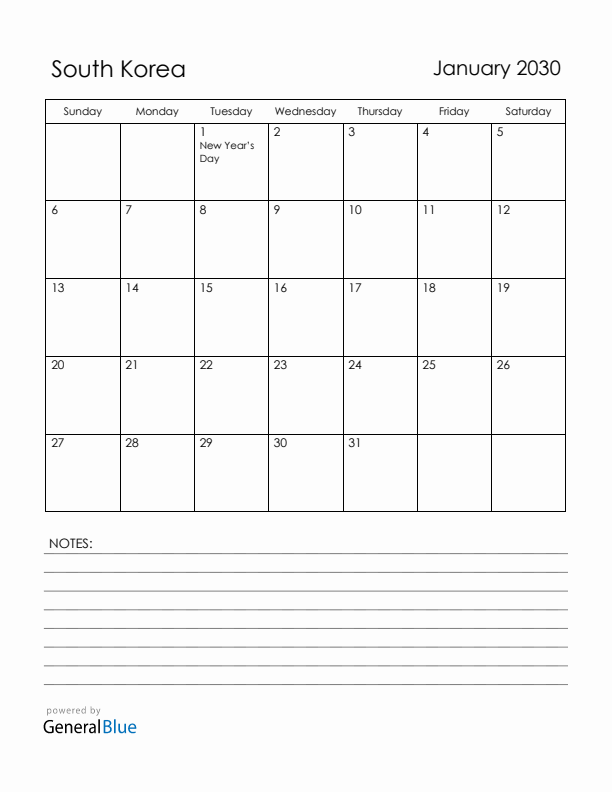 January 2030 South Korea Calendar with Holidays (Sunday Start)