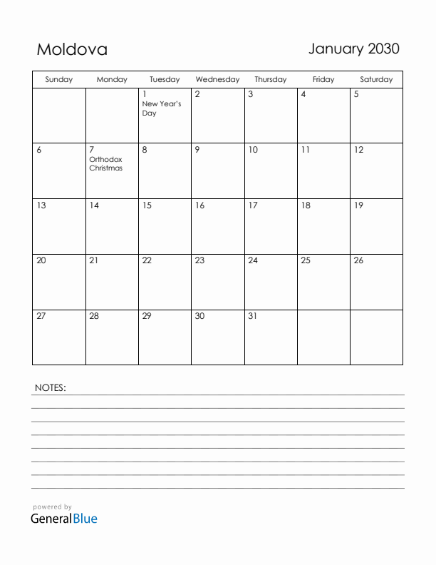 January 2030 Moldova Calendar with Holidays (Sunday Start)