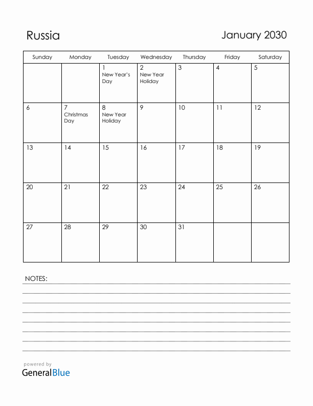 January 2030 Russia Calendar with Holidays (Sunday Start)