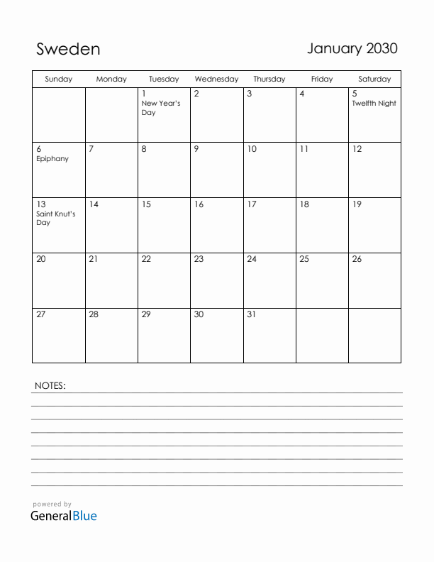January 2030 Sweden Calendar with Holidays (Sunday Start)