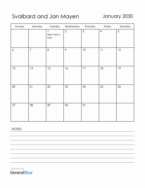 January 2030 Svalbard and Jan Mayen Calendar with Holidays (Sunday Start)