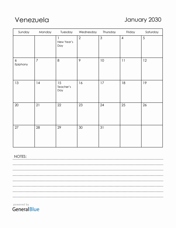 January 2030 Venezuela Calendar with Holidays (Sunday Start)