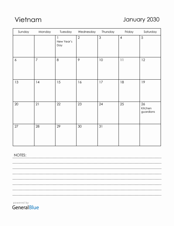 January 2030 Vietnam Calendar with Holidays (Sunday Start)