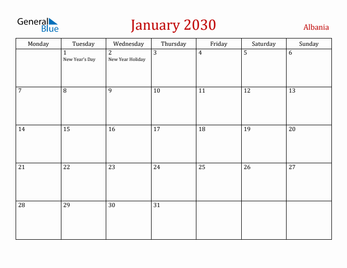 Albania January 2030 Calendar - Monday Start