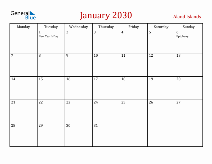 Aland Islands January 2030 Calendar - Monday Start