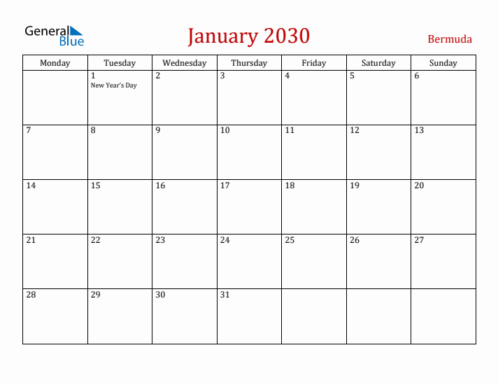 Bermuda January 2030 Calendar - Monday Start