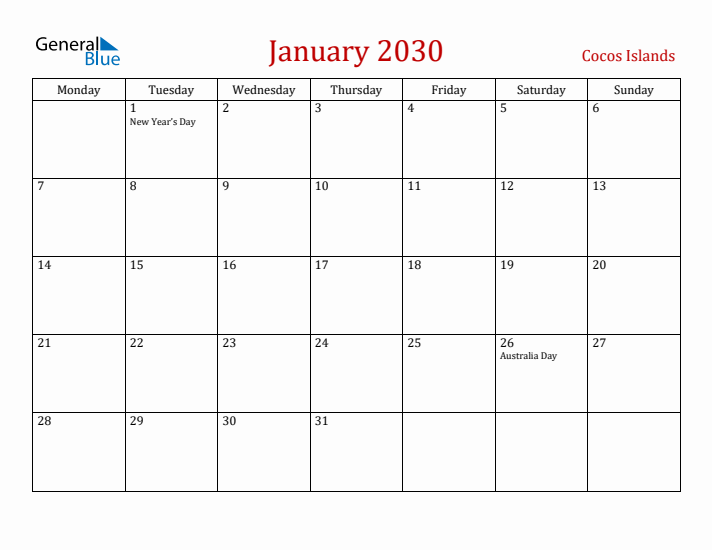 Cocos Islands January 2030 Calendar - Monday Start