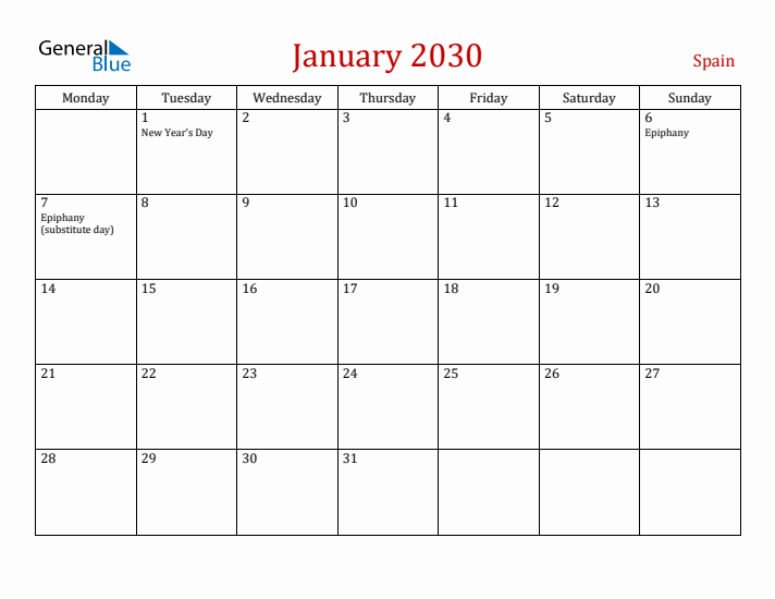 Spain January 2030 Calendar - Monday Start