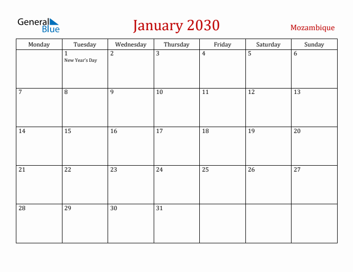 Mozambique January 2030 Calendar - Monday Start