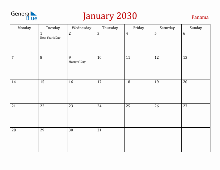 Panama January 2030 Calendar - Monday Start