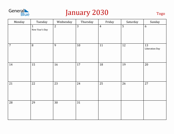 Togo January 2030 Calendar - Monday Start