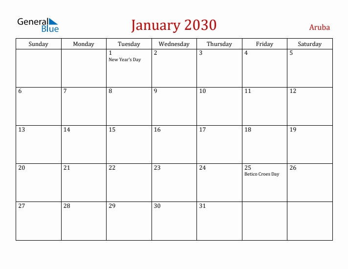 Aruba January 2030 Calendar - Sunday Start