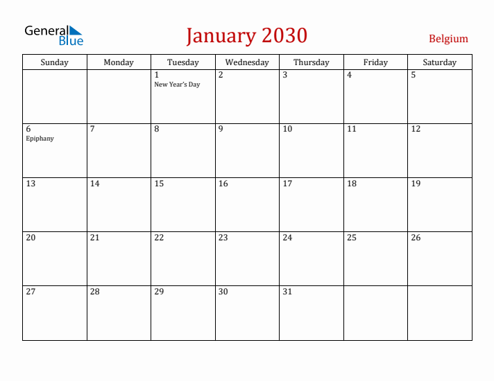 Belgium January 2030 Calendar - Sunday Start