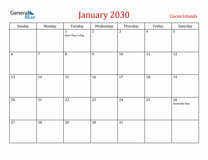 Cocos Islands January 2030 Calendar - Sunday Start