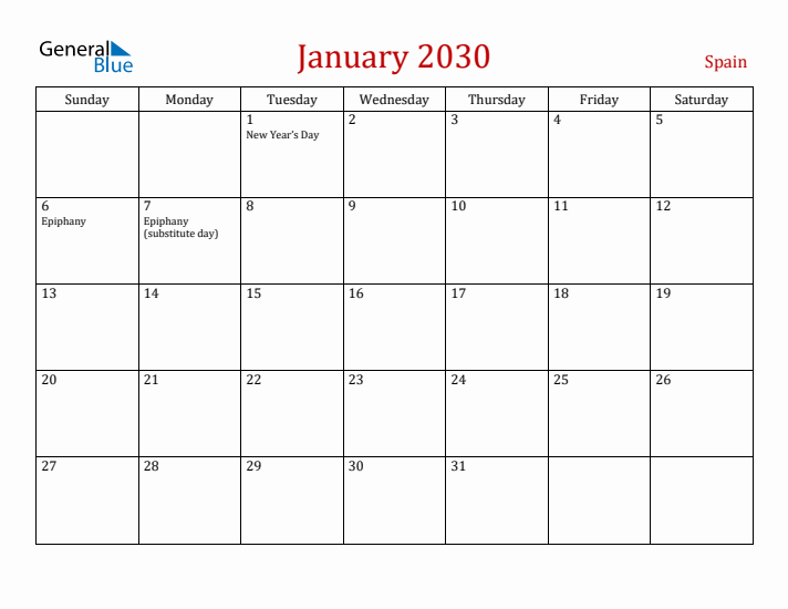 Spain January 2030 Calendar - Sunday Start