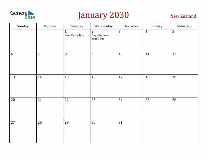 New Zealand January 2030 Calendar - Sunday Start