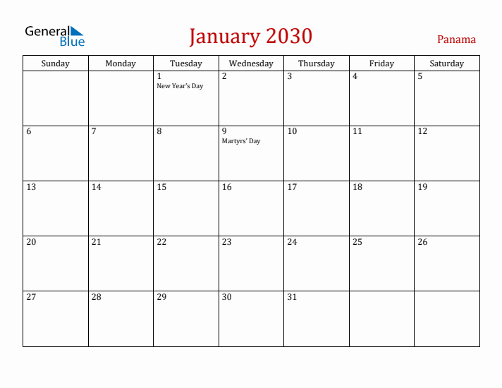 Panama January 2030 Calendar - Sunday Start