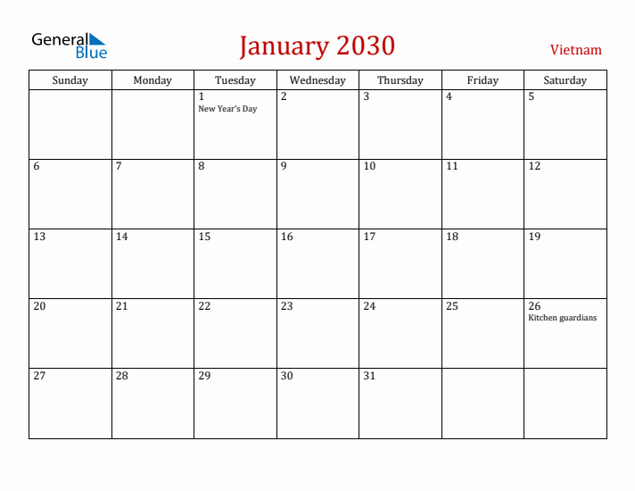 Vietnam January 2030 Calendar - Sunday Start