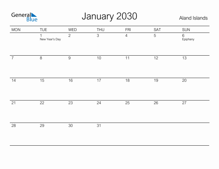 Printable January 2030 Calendar for Aland Islands