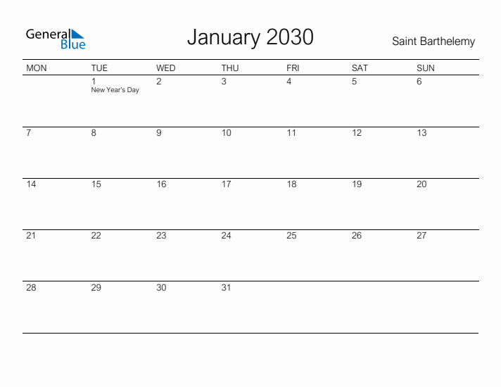 Printable January 2030 Calendar for Saint Barthelemy