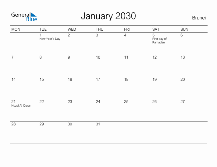 Printable January 2030 Calendar for Brunei