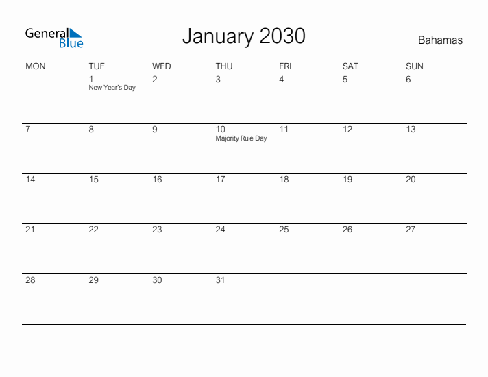 Printable January 2030 Calendar for Bahamas