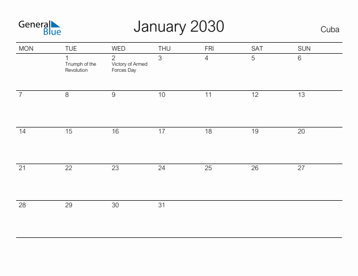 Printable January 2030 Calendar for Cuba