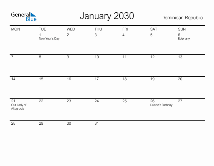 Printable January 2030 Calendar for Dominican Republic