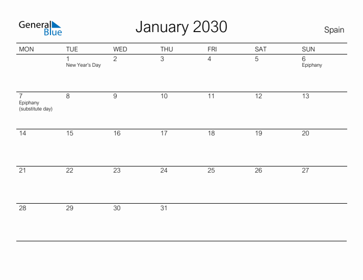 Printable January 2030 Calendar for Spain