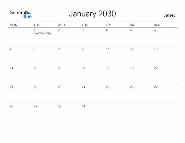 Printable January 2030 Calendar for Jersey