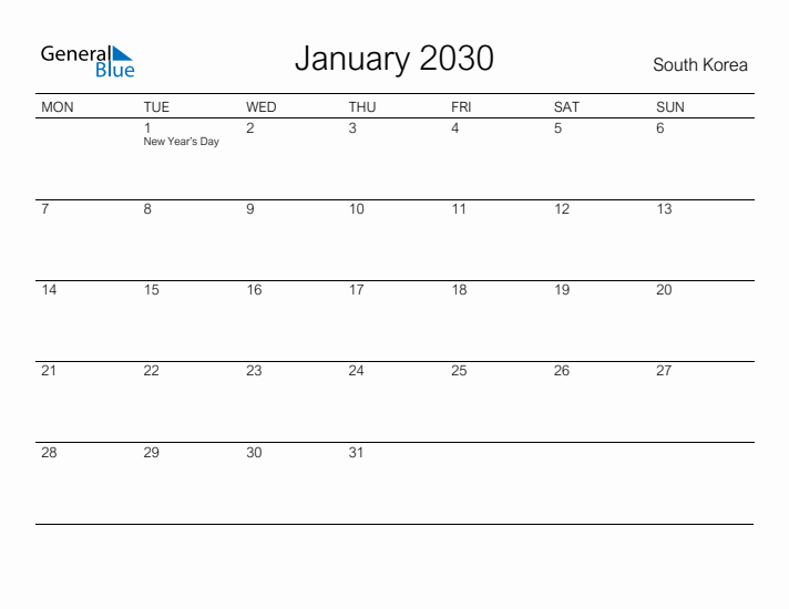 Printable January 2030 Calendar for South Korea