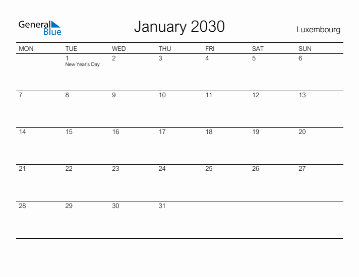 Printable January 2030 Calendar for Luxembourg