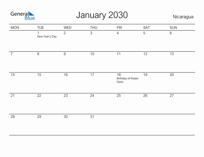 Printable January 2030 Calendar for Nicaragua