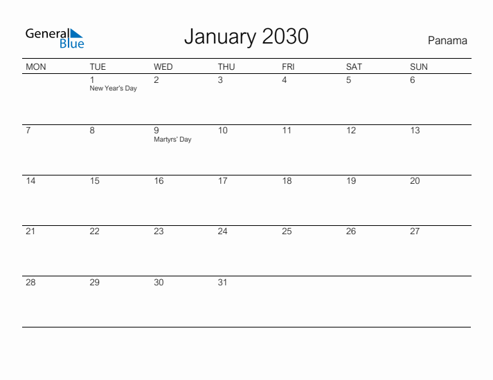 Printable January 2030 Calendar for Panama