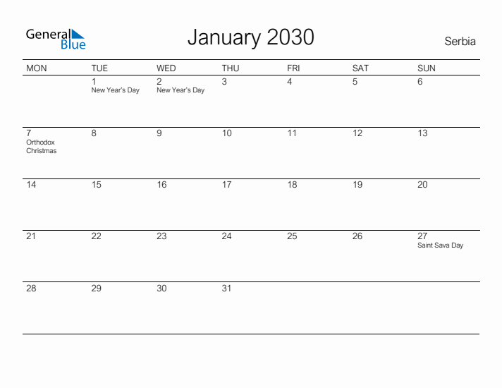 Printable January 2030 Calendar for Serbia