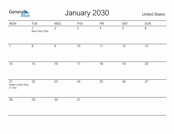 Printable January 2030 Calendar for United States