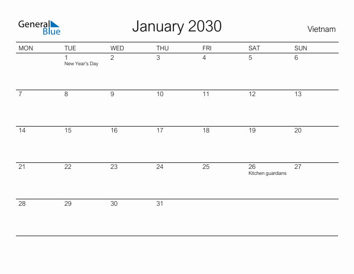 Printable January 2030 Calendar for Vietnam