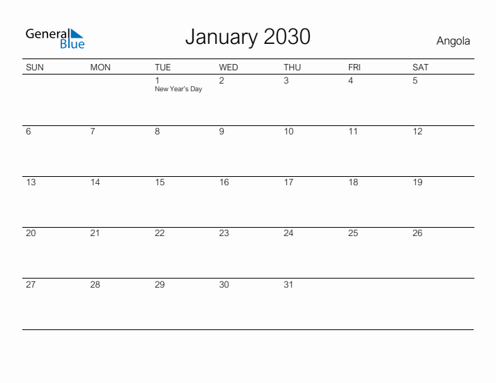 Printable January 2030 Calendar for Angola