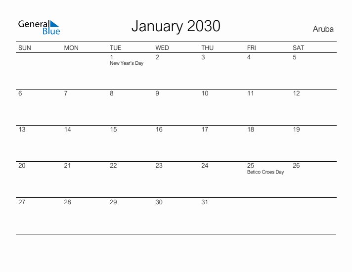 Printable January 2030 Calendar for Aruba