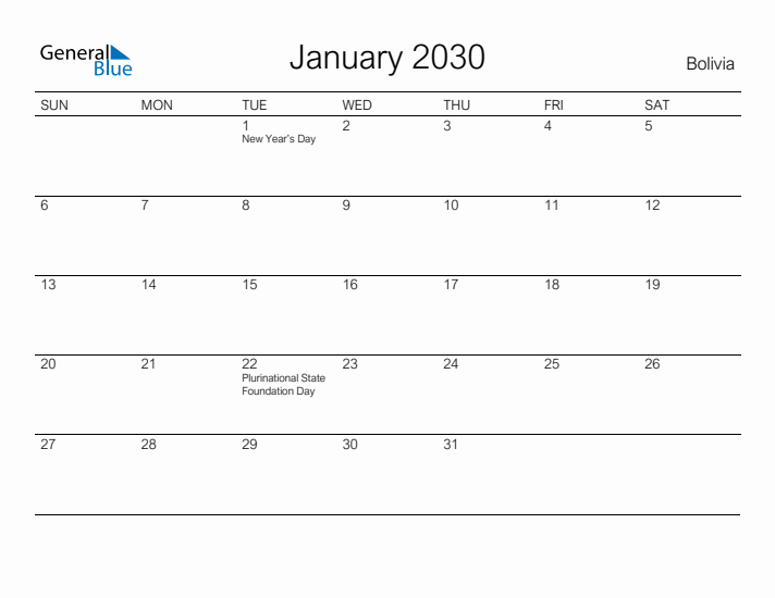 Printable January 2030 Calendar for Bolivia