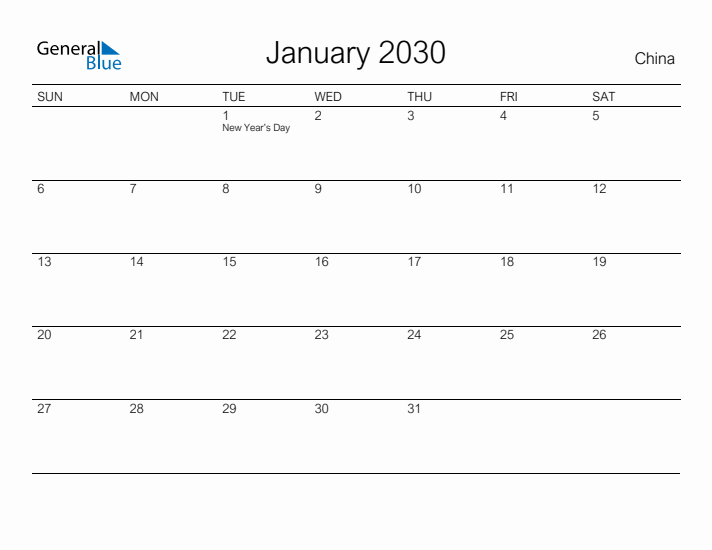 Printable January 2030 Calendar for China