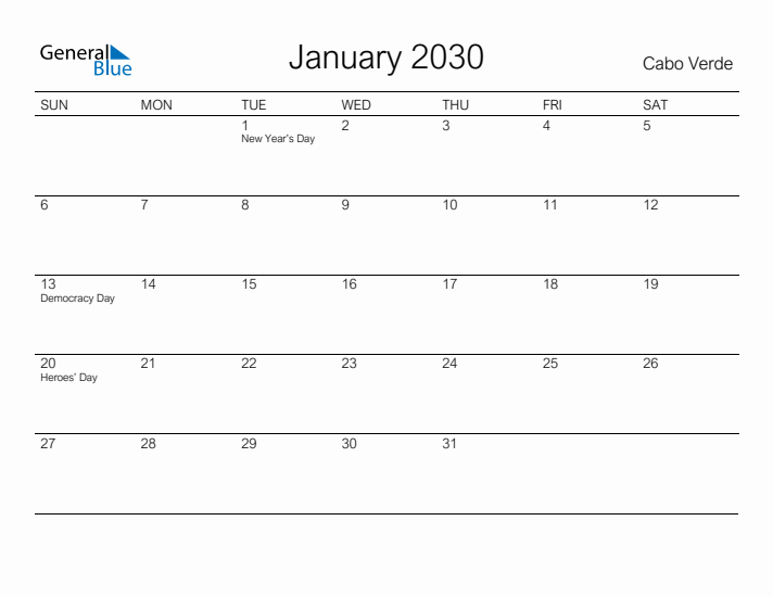 Printable January 2030 Calendar for Cabo Verde