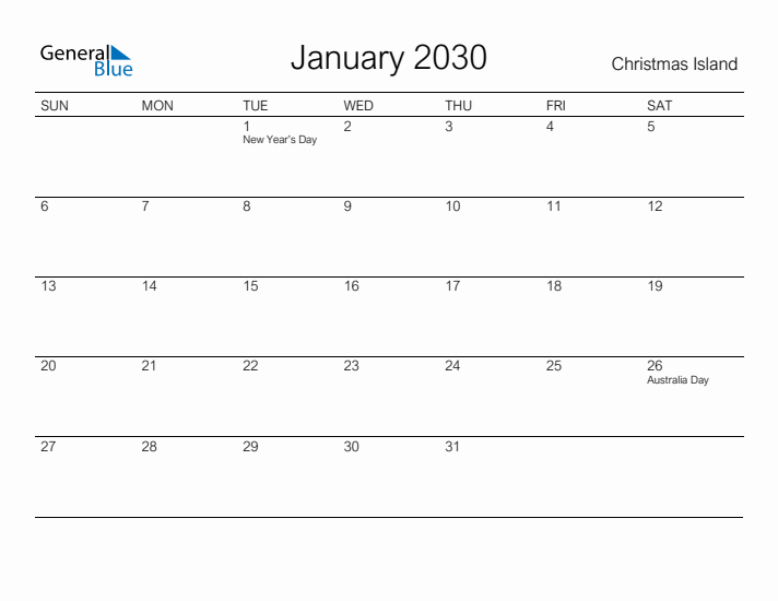 Printable January 2030 Calendar for Christmas Island