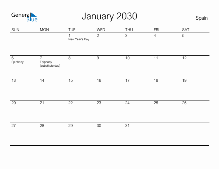 Printable January 2030 Calendar for Spain