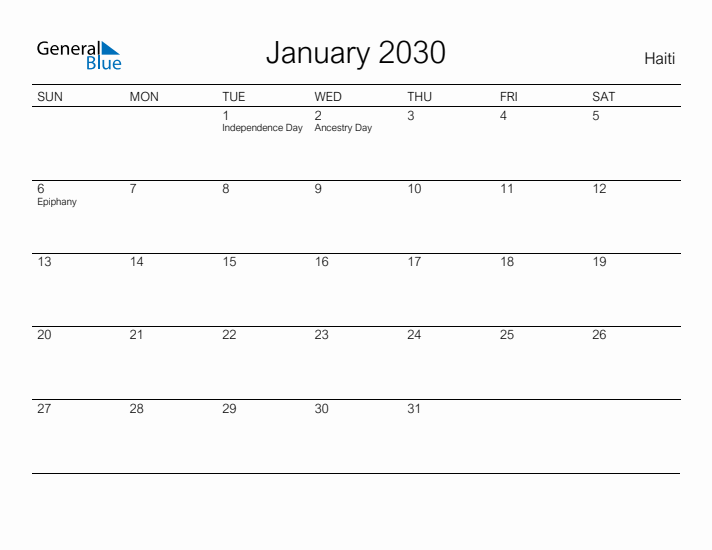 Printable January 2030 Calendar for Haiti