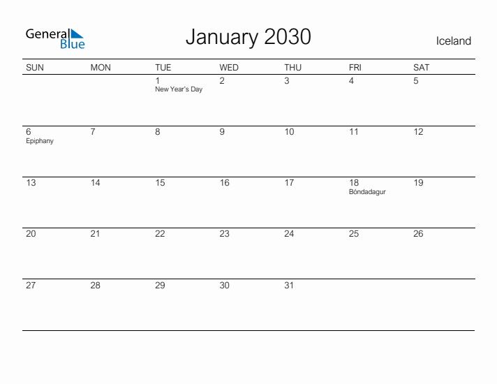 Printable January 2030 Calendar for Iceland