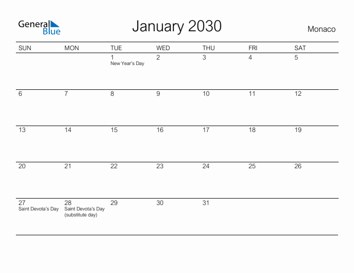 Printable January 2030 Calendar for Monaco